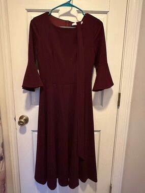 Women's Burgundy Midi Dress with Bell Sleeves